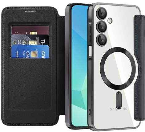 Techsuit für Samsung Galaxy A16 4G, A16 5G Flip Wallet Hülle mit Kartenfach, Magnetring Kompatibel, RFID Schutz, Stoßfest, Standfunktion, SmartMag Book Case, PU Leder, Schwarz