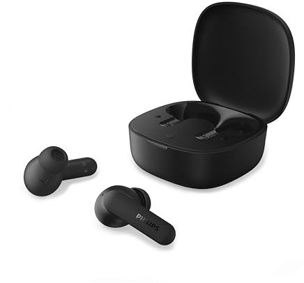 PHILIPS True-Wireless-Ohrhörer TAT2100BK Bluetooth 6.0, 36 Stunden Wiedergabedauer, 4 Mikrofone für klare Anrufe, IPX4 spritzwassergeschützt, Ladeetui im Taschenformat, Schwarz
