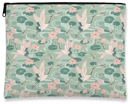 Borsa cosmetica con gru floreale, vintage, motivo gigli verdi, borsa per trucco da donna, organizer portatile in tela con cerniera, borsa da viaggio primaverile, 17,8 x 22,9 cm