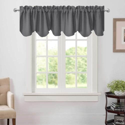 Aquazolax Fenstervolant mit gewelltem Rand für Schlafzimmer, wärmeisoliert, solide Verdunkelungsvorhänge, gewellte Volants für Küche, 132,1 x 45,7 cm, Grau, 1 Vorhang