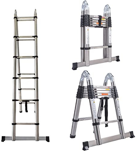 3.8M Folding Telescopic Multi Purpose Ladder 6X2 Steps Climb Extension Herringbone 1.9+1.9m Home Loft Portable Stainless Steel DIY Attic Ladder, UK Stock