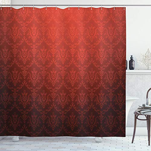 ABAKUHAUS Dunkelrot Duschvorhang, Vintage Blumen Stil Ombre, Stoffliches Gewebe Badezimmerdekorationsset mit Haken, 175 x 240 cm, Schwarz Rot