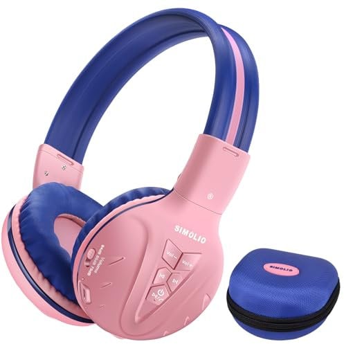 SIMOLIO Wireless Kids Bluetooth Headphones for Girls Volume Limited, Kids Headphones Wireless with Microphone & Share Jack, Over-Ear Stereo Childrens Headsets for Kindle/iPad/Tablets/MP3 (Pink)