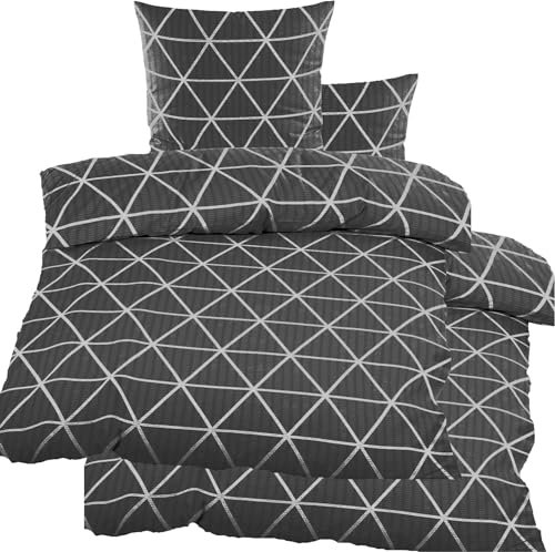 KH-Haushaltshandel 4-TLG. Seersucker Bettwäsche 2X 135x200 +80x80cm, grau weiß Dreiecke, bügelfrei, Microfaser (60343)