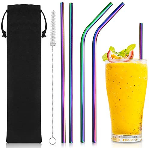 iShop Reusable Metal Drinking Straws – Set of 4 Premium Straws Rainbow – Stainless Steel Drinking Straw with Cleaning Brush Eco-Friendly FDA BPA Free – Velvet Travel Pouch Ideal for Travel and Home