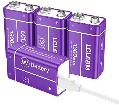 LCLEBM USB Rechargeable 9V Batteries, 1300mAh 9V Lithium Rechargeable 9V Batteries Long Lasting 9 Volt Li-ion Batteries for Smoke Alarm, Wireless Microphones, Smoke Detectors, Flashlights - 4PCS