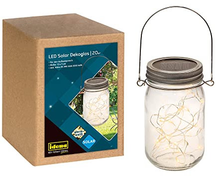 Idena 31343 - LED Solar Dekoglas mit 20 LED in Warmweiß, inklusive Solar-Modul und wiederaufladbarem Akku, ca. 7 x 7 x 13 cm groß, als Deko für den Garten, Terrasse und Balkon
