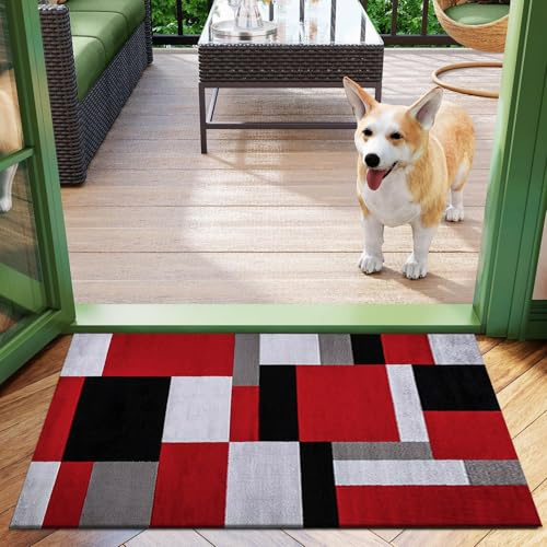 B&B Kilas Non-Slip Washable Doormat, Heavy Duty Welcome Dirt Trapper, Water Absorbent Floor Mat for Indoor, Front Entrance, and Kitchen (Red Black, 50 x 80 cm)