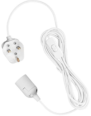 Teynewer Pendant Light Ceiling Lighting Fitting, E27 Lamp Holder with Switch Suspended Pendant Light Fitting Kit, 2 Core Textile Cable UK Plug (White, 4m)