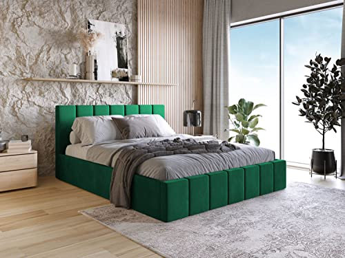 WFL GROUP Samtstoff Polsterbett Doppelbett Komplett 120x200 140x200 160x200 180x200 cm Slim Bettgestell Mit Bettkasten Lattenrost und Kopfteil - Hydrophobe Stoff - Samt Bett - Grün - 180 x 200 cm