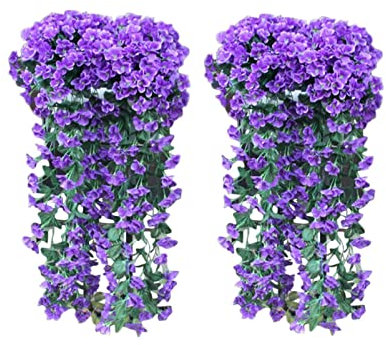 Denxahao 2 Stück Kunstblumen Veilchen Hgende Blumen Kunstblumen Hängend Künstliche Blumen an der Wand, Hängende Blumen, 85cm für Büro Zuhause Dekoration Hochzeit Party (Blau)