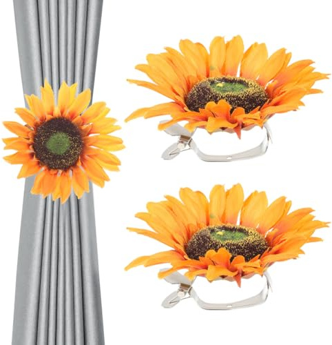 2 Pièces Embrasse de Rideau Tournesol Pince à Rideaux Attache Décorative en Métal Fleur Artificielle pour Salon Chambre Enfant Décoration Champêtre sans Perçage Jaune
