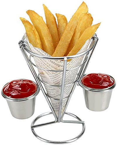 French Fries Stand Chips Serving Rack Cone Snacks Rack with Dip Dishes | Sauce Cup Holder, Iron Wire+Plating