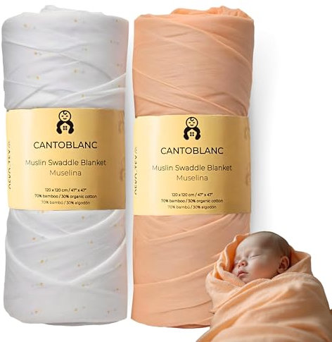 Cantoblanc® Pucktuch Musselin Tuch Baby 120x120 cm Bio-Baumwolle Bambus. Groß Swaddle Blanket für Junge und Mädchen Neugeborene. (2, Lachsfarben, Farbige Punkte, 120 x 120 cm)