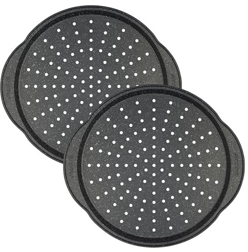 Salter COMBO-9141 Megastone Pizza Pan – 2 Pack, 36 cm Non-Stick Perforated Crisper Tray With Handles, Large Oven Baking Tin For Pizzas, 12-Inch Carbon Steel Chip Tray, PFOA-Free, Oven Safe Up To 220°C