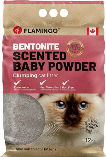 Flamingo Katzenstreu - katzenstreu klumpstreu - Babypuderduft - 12L (12KG) für 10 Wochen - Herkunft Kanada - mit superfeiner Körnung - auch für Kätzchen - Ideal für 1 oder mehrere Katzen