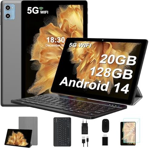 SUAAT 2025 Neueste Tablet 10 Zoll mit Widevine L1, Android 14 Tablet, 20GB RAM+128GB ROM(TF 1TB), Octa-Core 1.8GHz,WiFi 6, 6000mAh, Bluetooth 5.0, 1280 * 800, 8MP+5MP,mit Tastatur und Maus,Grau