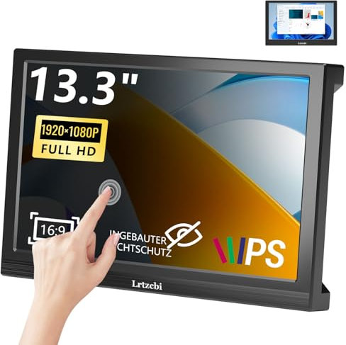 Lrtzcbi Tragbarer Monitor Touchscreen 13,3 Zoll, 1920x1080P FHD IPS Eingebauter Sichtschutz mit HDMI, Tragbarer Monitor für Laptop/PC/Switch/PS/Xbox/Raspberry Pi