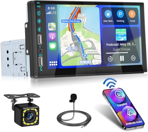 Fuluku Radio Coche 1 DIN 7 Pulgadas Pantalla Táctil con Carplay Inalámbrico Android Auto, 1Din Radio con Bluetooth FM SWC EQ Espejo Enlace Cámara de Seguridad Mic, AUX/Dual USB