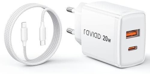 RAVIAD Caricatore iPhone, 20W Caricatore USB C Caricabatterie iPhone e 2M Cavo USB C a Lightning per iPhone 14 Pro Max Plus 13 12 11 XS XR X SE 8, Rapido Spina Muro Adattatore AlimentatorePresa Carica