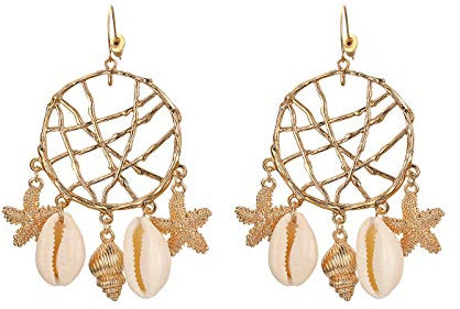JewelryWe Damen Ohrringe, Boho Traumfänger Kauri Muschel Tritonshorn Seestern Tropfenohrring Baumelnde Statement Ohrstecker Ohrhänger für Frau Mädchen