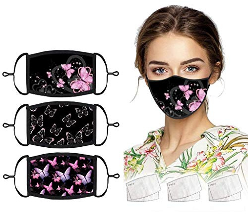 3 Stück Schutzmaske für Damen, mit 6 Filtern, Schmetterlings-Design, wiederverwendbar, waschbar, Anti-Staub, für Jungen und Mädchen, Mundschutz, verstellbare Ohrschlaufen