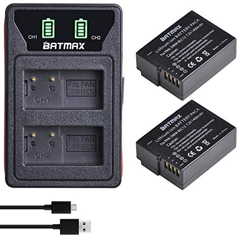 Batmax Lot de 2 batteries de rechange 1400 mAh DMW-BLC12 et chargeur USB LCD intégré compatible avec Panasonic DMW-BLC12E, Lumix DMC-FZ200, DMC-FZ1000, DMC-G5, DMC-G6, DMC-G85, DMC-GH2, DMC-GX8
