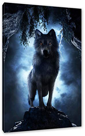 Pixxprint Böser Wolf bei Gewitter im Höhleneingang, Größe: 80x60cm, Leinwandbild, fertig gespannt, Wandbild, Dekoration, Kunstdruck, kein Poster