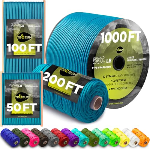 TECEUM Paracord Rope Type III 550 – Tactical MIL-SPEC – Outdoor Para Cord | Ice Mint, 60m, Clothesline, Camping Fishing Gear and Equipment, DIY, Parachute Cord 4mm, Strong Survival Utility Rope