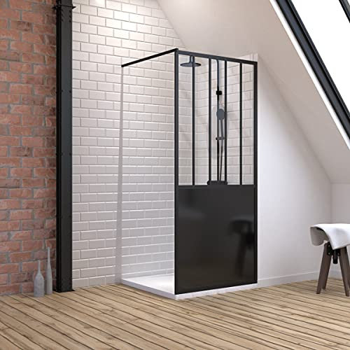 Pack Paroi de douche 90x200 cm noir mat + Receveur extra plat a poser 90X90 cm caniveau