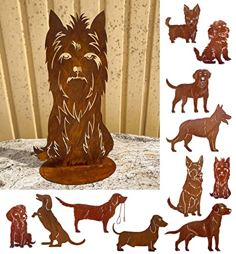 Gartenfigur Hund Terrier sitzend klein 38x20cm auf Platte Edelrost Gartendeko Rost Metall Rostfigur Hund Tier von Steinfigurenwelt