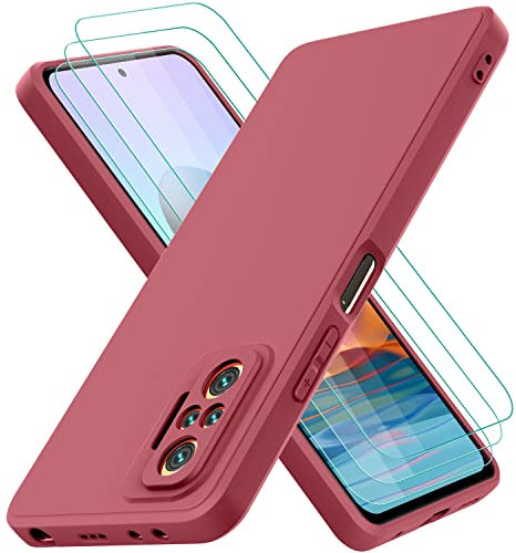 Oureidoo Hülle kompatibel mit Xiaomi Redmi Note 10 Pro, mit 3 Stück Panzerglas Schutzfolie, Handyhülle für Xiaomi Redmi Note 10 Pro Silikon gummiert, Handy Case in Weinrot