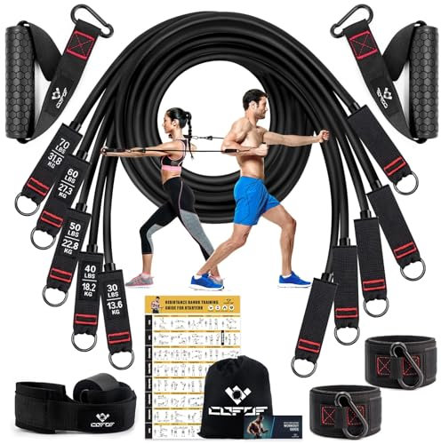 Resistance Bands Widerstandsbänder Set, 5 Fitnessbänder Expander Tube Bands, Fitnessband mit Großem Griff Knöchelriemen Türankerbefestigung Tragtasche, Ideal für Pilates Krafttraining Physiotherapie