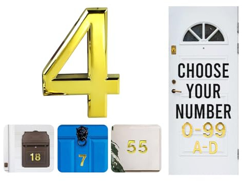 Gold Door Numbers Stick On, 0-99, Letters A, B, C, D, 3'' House Numbers Self Adhesive Stickers, For Doors, Mail Boxes, Hotel Rooms (4)
