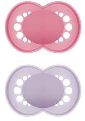 MAM Original Schnuller im 2er-Set, zahnfreundlicher Baby Schnuller aus nachhaltigen & bio-erneuerbaren Materialien, Sauger aus MAM SkinSoft Silikon, mit Schnullerbox, 16+ Monate, lila/pink