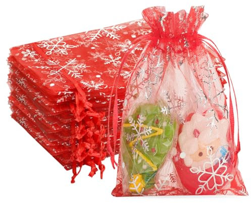 G2PLUS 10x15 cm Organzasäckchen Weihnachten, Rot Weihnachten Organzabeutel, 50 Stück Geschenk Organzabeutel, Schneeflocke Organzasäckchen mit Kordelzug für Geschenk Weihnachten Deko