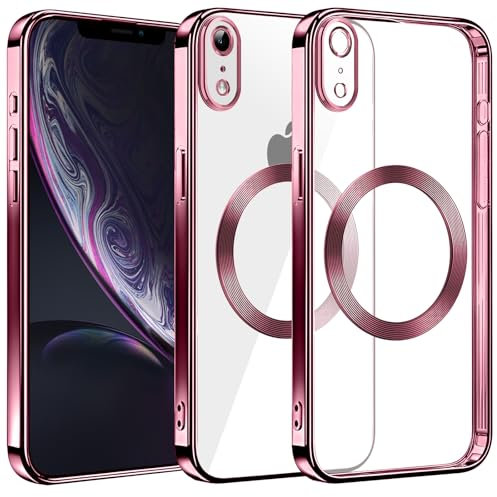 S. Dawezo Klare Magnetische Hülle für iPhone XR, kompatibel mit MagSafe Kabelloses Laden, Militärnorm Schutz, Kratzfest, Stoßfest, Schlanke Transparente Silikonhülle für iPhone XR Hülle, Rosa