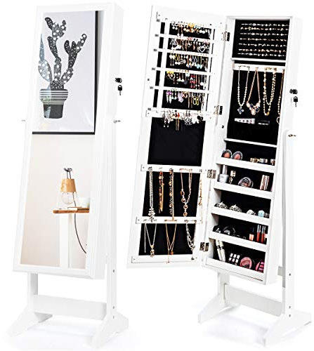 GOPLUS Armoire à Bijoux avec Miroir sur Pied, Grande Capacité de Rangement avec Compartiments pour Boucles, Colliers, Maquillage, Réglable sur 4 Positions, Verrouillable, 41x36,5x146 cm (Blanc)