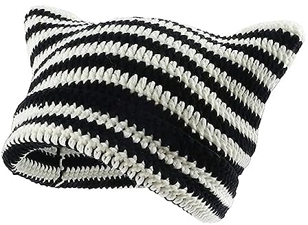 KGM Niedliche trendige Punky-Beanie-Mütze mit Katzenohren, Y2K, gestreift, gestrickt, gehäkelt, für Damen und Herren