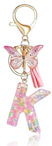 Fmeida Schlüsselanhänger mit Anfangsbuchstaben für Frauen Niedlicher rosa Schlüsselanhänger mit Quaste & Schmetterling