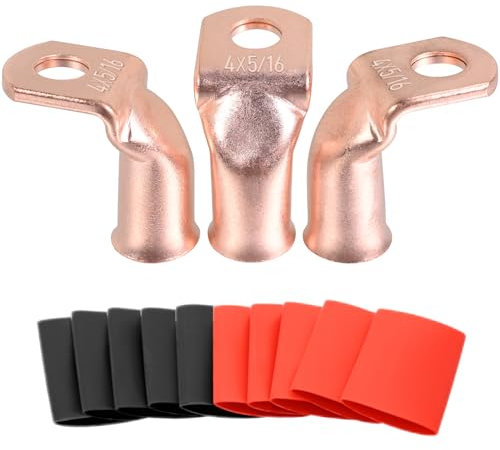SVAAR Bare Pure Copper Lugs 4 AWG-5/16 Inch Ring Terminals 90 Degree Bend 10pcs Heavy Duty Battery Terminal Connectors 10pcs 3:1 Heat Shrink Tubing