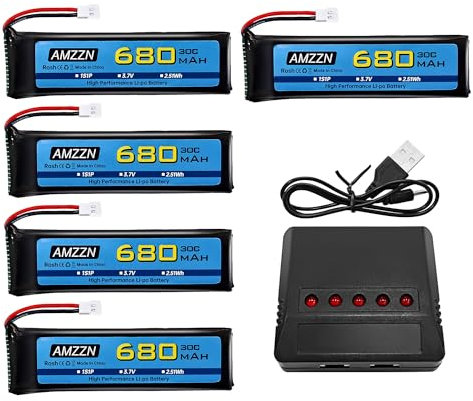 AMZZN 5 pièces 3,7V 680mAh 1S Lipo Batterie Molex Prise avec Chargeur 5-en-1 pour Wltoys XK K110 K110S V977 V988 V930 Q282 Télécommande Drone, Quatre Axes Aircraft Backup Batterie