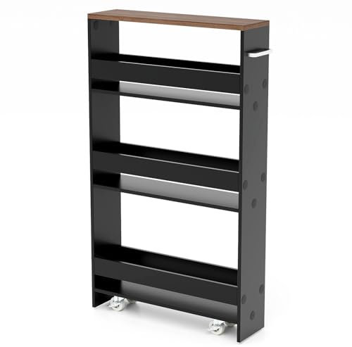 GiantexUK 4-Tier Kitchen Storage Trolley, Slide-Out Utility Rolling Cart with Wheels & Handle, Mobile Shelving Unit Organizer for Living Room Office & Laundry Room (Black Body+Brown Top)