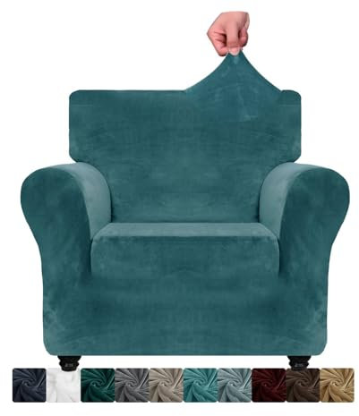 CHELZEN Samt Stuhlabdeckungen für Sessel 1 Sitzer Dicke Stretch Couchbezüge für Hunde Haustiere rutschfeste Stuhlabdeckung mit Armmöbeln Schutz für Wohnzimmer (1 Sitzer, Pfauen Blau)