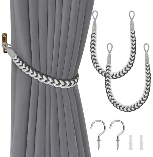 Pretty Jolly Vorhang-Raffhalter aus natürlicher Baumwolle, eleganter Boho-Stil, dekorative Raffhalter, weich, handgewebt, Seil, Vorhanghalter mit Metallhaken, für Zuhause, Büro, Vorhänge (Grau und
