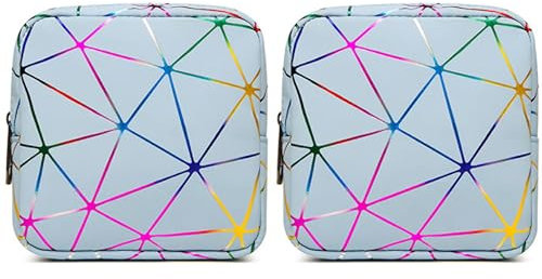TUOJINRUIDA 2 PCS Aufbewahrungstaschen für Damenbinden mit Geometrischen Mustern, Tragbare PU-Aufbewahrungstaschen für Feminine, ideal für Teenager-Mädchen, Frauen und Damen (Schillernd Blau)