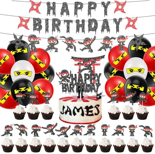 Ninja Geburtstag Dekoration Ninja Party Deko Jungen Ninja Happy Geburtstag Banner Ninja Luftballons Ninja Cake Topper Cupcake Aufsatz für Kinder Geburtstags Party Kuchen Deko
