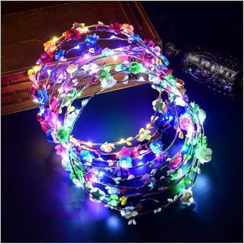 10 Pcs Leuchtender Haarkranz Blumen,Haarkranz Leuchtend,Garland Stirnband Kinder,Haarband mit Blumen Madchen,LED Blumenkranz Stirnband,Blumenstirnband Damen LED