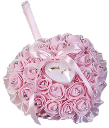 Hrlace Hochzeit Ringkissen Romantic Rose Herzform Ring Kissen Box Elegant Herzform Ringhalter Bling Strass Dekor Eleganter Satin Flora Accessoires Schmuck für Trauung Kirche, 18 x 19cm Rosa