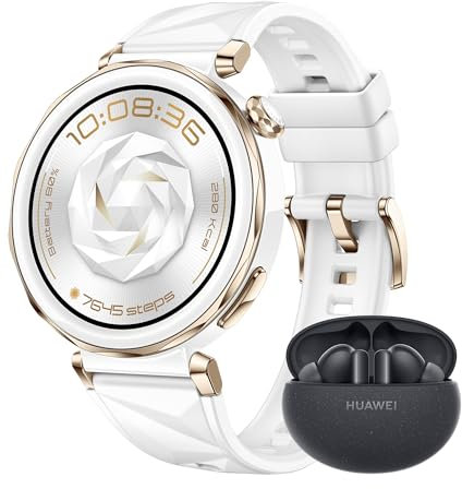 HUAWEI Watch GT 5 Pro 42 mm Smartwatch, Kunstvolles Design, Sportfunktionen auf Profi-Niveau, Health-Tracking, EKG-Monitoring, bis zu 7 Tage Akkulaufzeit, GPS, iOS & Android, Weiß+ FreeBuds 5i